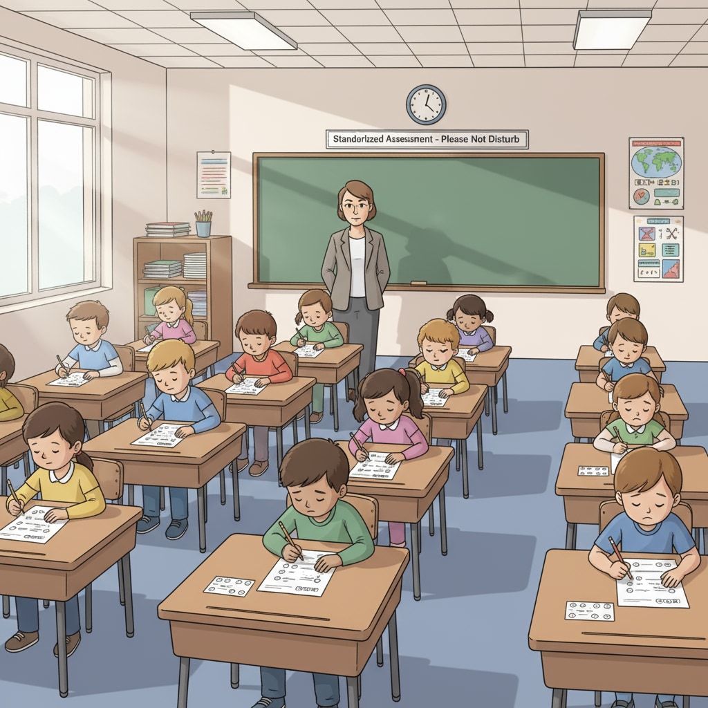 A classroom scene where students are taking a standardized test, with desks neatly arranged and students concentrating on their papers. Students taking a standardized test in a secondary education setting, highlighting the impact on soft skills and critical thinking.