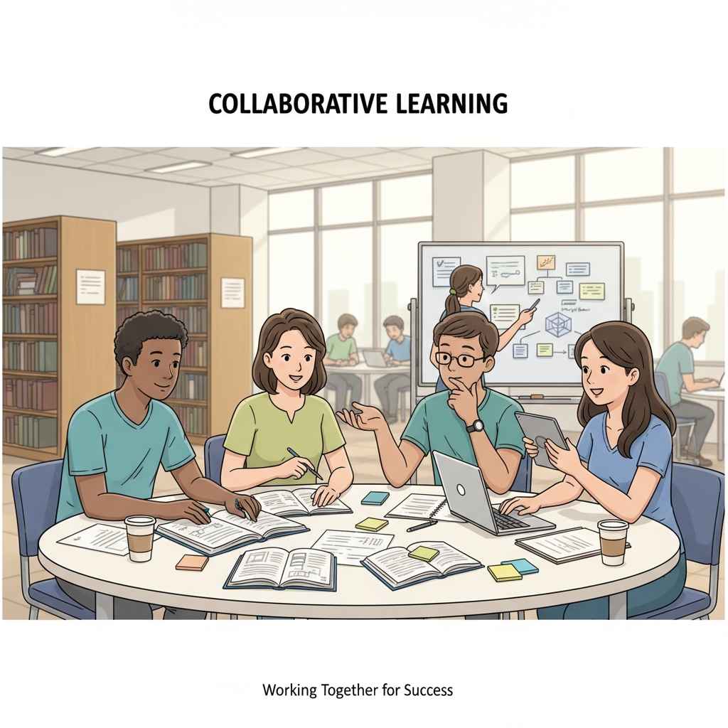 A group of students working together on a project, discussing ideas, sharing responsibilities, and collaborating to achieve a common goal. Students collaborating on a project in secondary education, showcasing the development of soft skills like teamwork and communication.