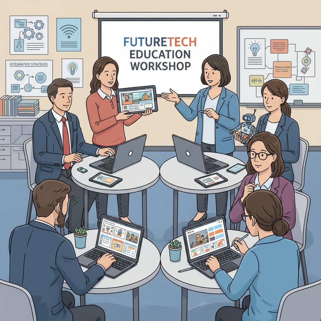 A group of K12 teachers are engaged in a workshop, discussing and exploring various educational technology tools. They are looking at tablets and laptops with educational software, sharing ideas on how to integrate these tools into their teaching. K12 teachers exploring educational technology tools in a workshop, highlighting information channels and teacher adoption.