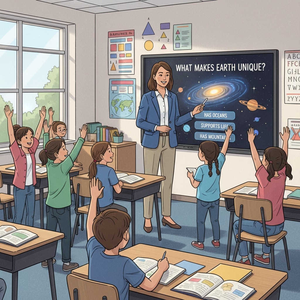 A K12 teacher is using an interactive whiteboard in the classroom to engage students. The students are actively participating, raising their hands and interacting with the educational technology tool. K12 teacher using an educational technology tool to engage students, demonstrating the motivation behind teacher adoption.