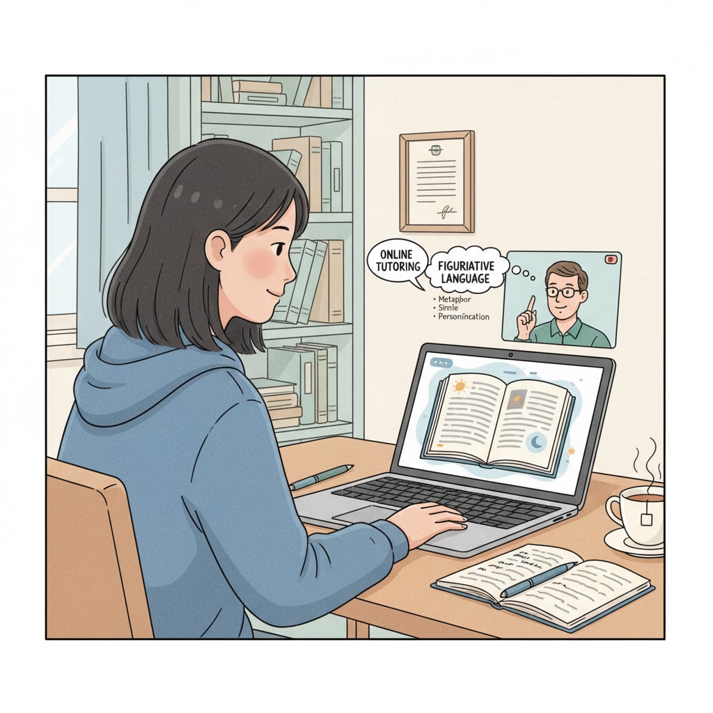 A student is looking at a laptop screen where an online literature tutor is explaining concepts. A student engaged in online literature tutoring for academic paper writing