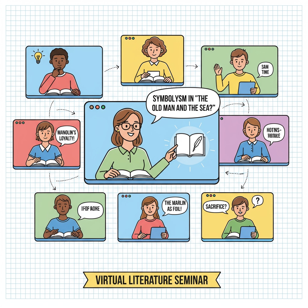 A virtual classroom scene with students discussing a literary piece with their tutor. Students participating in an online literary discussion for academic paper writing