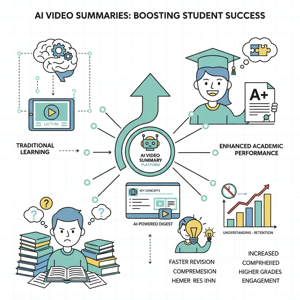 A graph presents the positive impact of AI-generated video summaries on students' academic performance, demonstrating the effectiveness of the technology in enhancing learning. Graph showing the improvement in students' performance with AI-generated video summaries for educational equity.