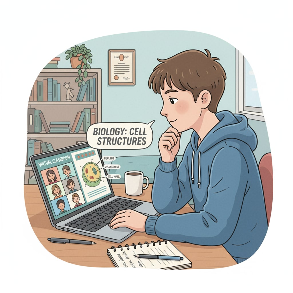 A student is shown focused on their laptop, engaged in an online high school class. The screen displays educational content. An overseas American student studying online to earn high school credits for an American diploma