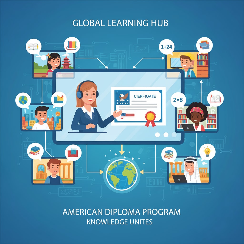 A virtual classroom setting where students from different locations are interacting, sharing knowledge, and working towards their American diplomas. Overseas students collaborating in an online high school environment to obtain American diplomas