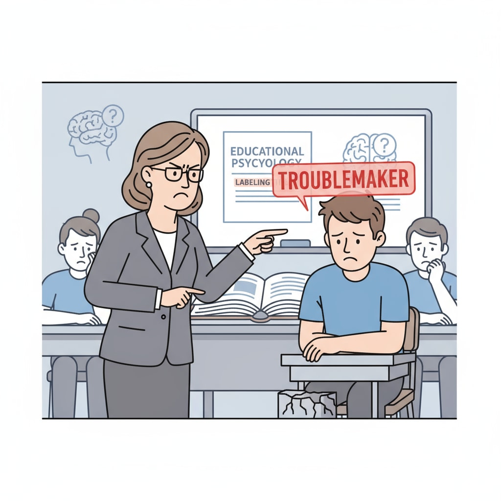 A teacher is pointing at a student with a disappointed expression, symbolizing the act of unjustly labeling a student. A teacher unjustly labeling a student
