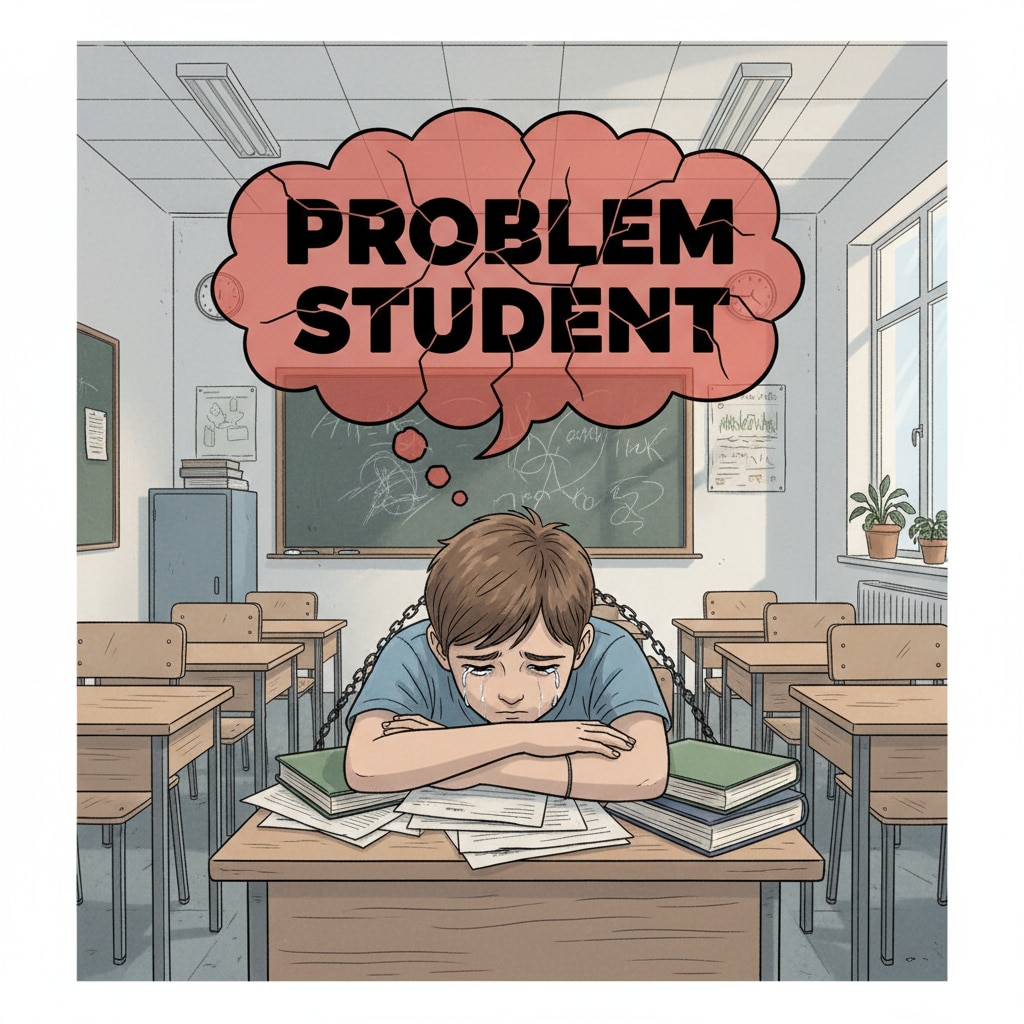 A sad student is sitting alone at a desk, showing the negative impact of being labeled as a problem student. A sad student affected by negative labels