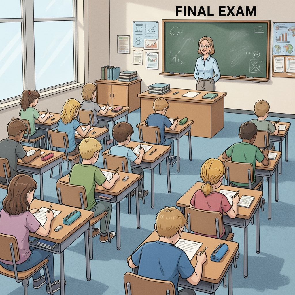 A group of students sitting at desks, focused on their tests, while an invigilator stands at the front of the classroom, observing. Testing invigilator overseeing students during an exam