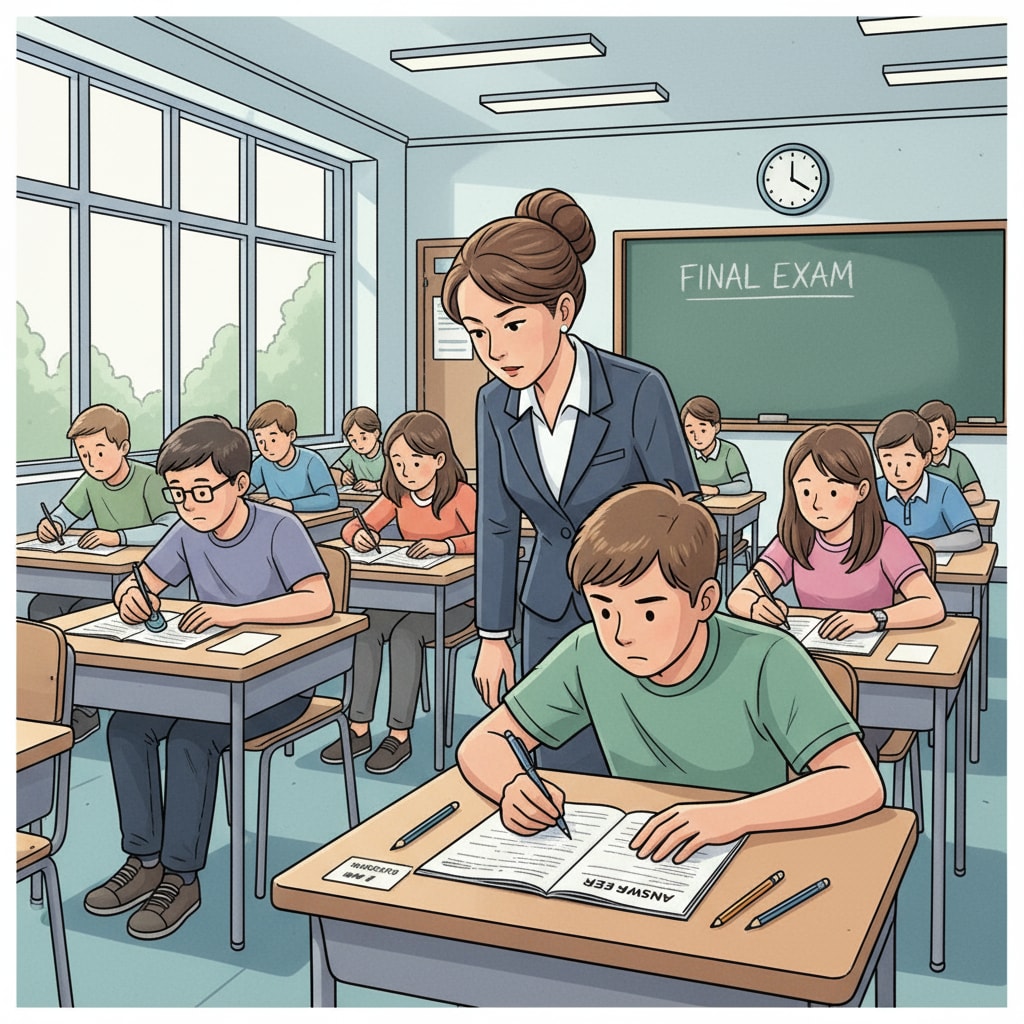 An invigilator carefully looking over students' shoulders as they write their answers on test papers. Testing invigilator ensuring fairness during a test