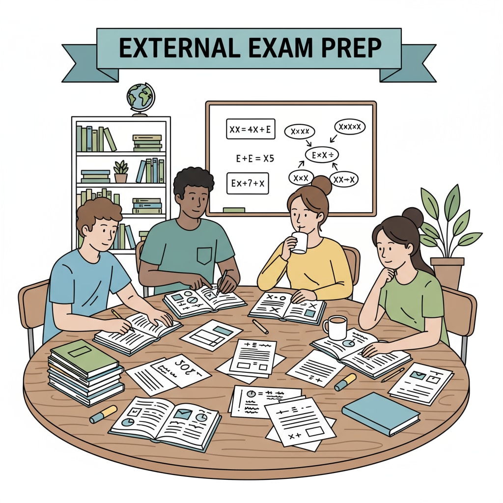 A group of students are sitting around a table, books and papers spread out, engaged in a study session to prepare for external exams. Students preparing for external exams to enhance academic rigor for college applications
