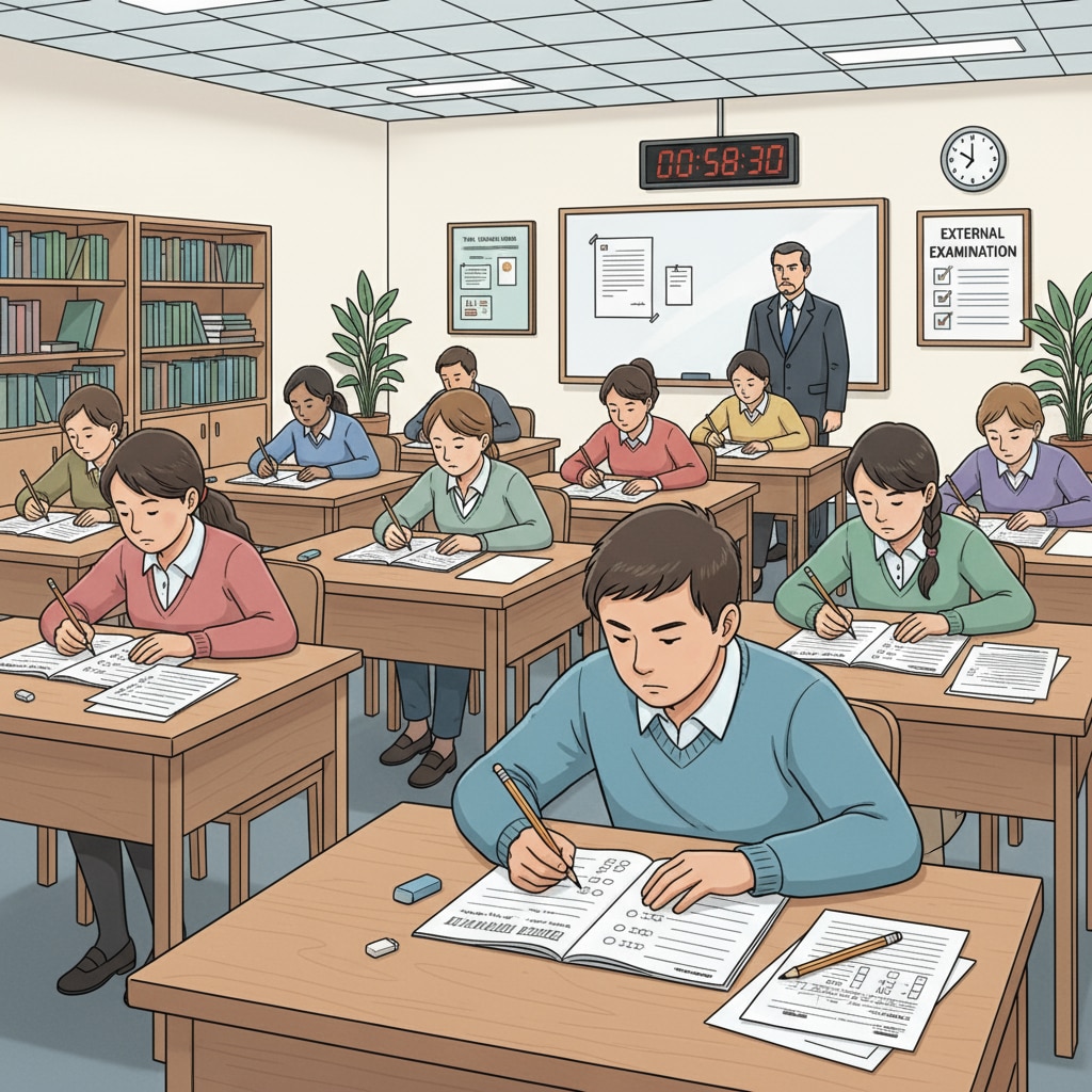 Students are sitting at desks in a test room, concentrating on answering questions in an external exam. Students taking an external exam to demonstrate academic ability for college applications