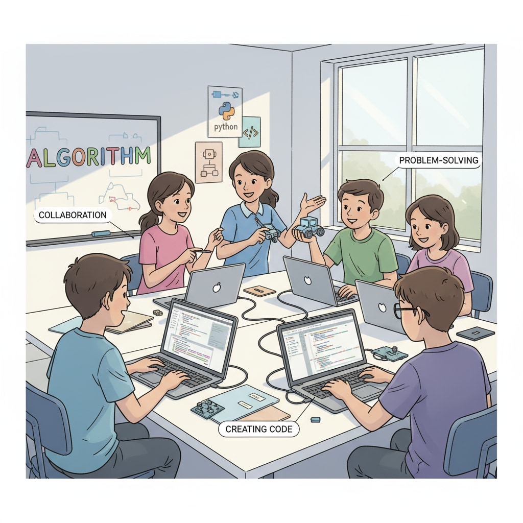 A group of K12 students are actively engaged in programming activities, with laptops open and discussing ideas. K12 students involved in software engineering related programming activities, highlighting the connection to software engineering, certificates, and resumes