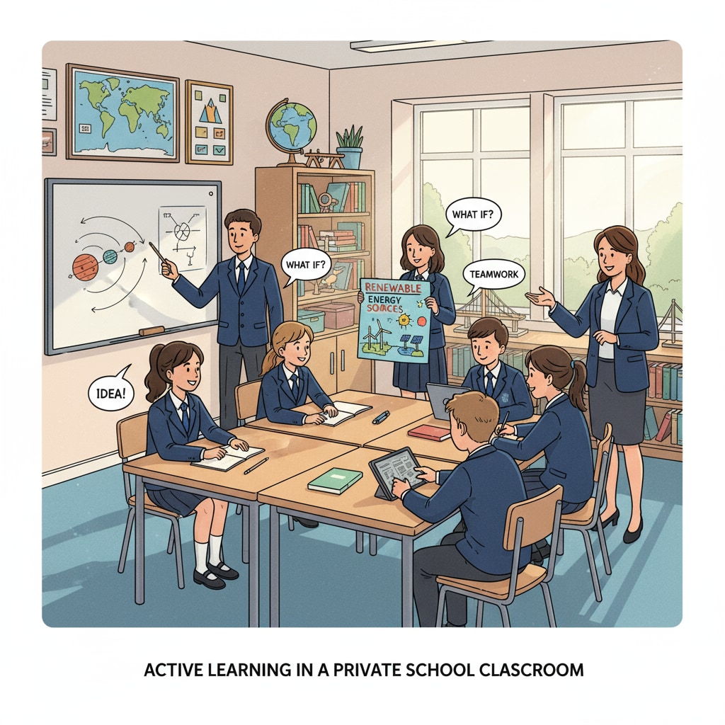 A classroom in a private school, with students engaged in a group project, showing the active learning environment Students in a private school classroom engaged in a group project, relevant to private schools, public primary schools, education choices, and sibling education