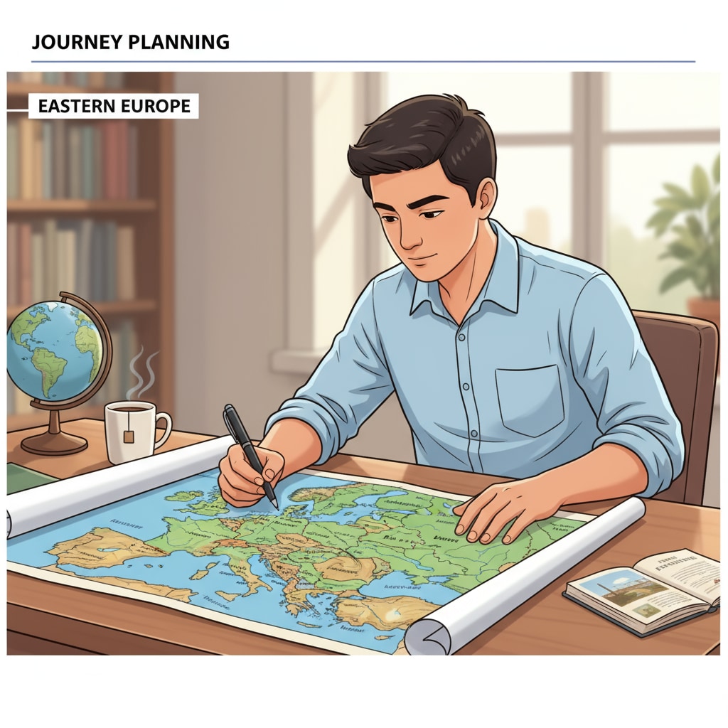 An illustration showing a young Pakistani man looking intently at a map of Eastern Europe, with a pen in his hand, as if planning his journey. This represents his aspiration to move to the region. A 19-year-old Pakistani man considering immigration to Eastern Europe looking at a map