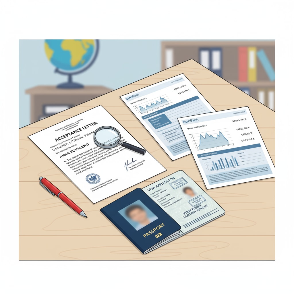 A set of documents such as acceptance letters, bank statements, and a passport are neatly arranged on a table, symbolizing the visa application process for studying in Eastern Europe. Visa application documents for studying in Eastern Europe