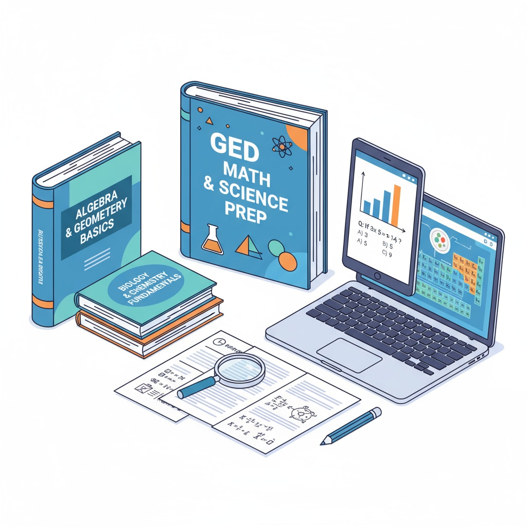 A group of books and digital materials related to GED math and science learning, including textbooks and e-learning platforms' interfaces. Collection of GED math and science learning resources