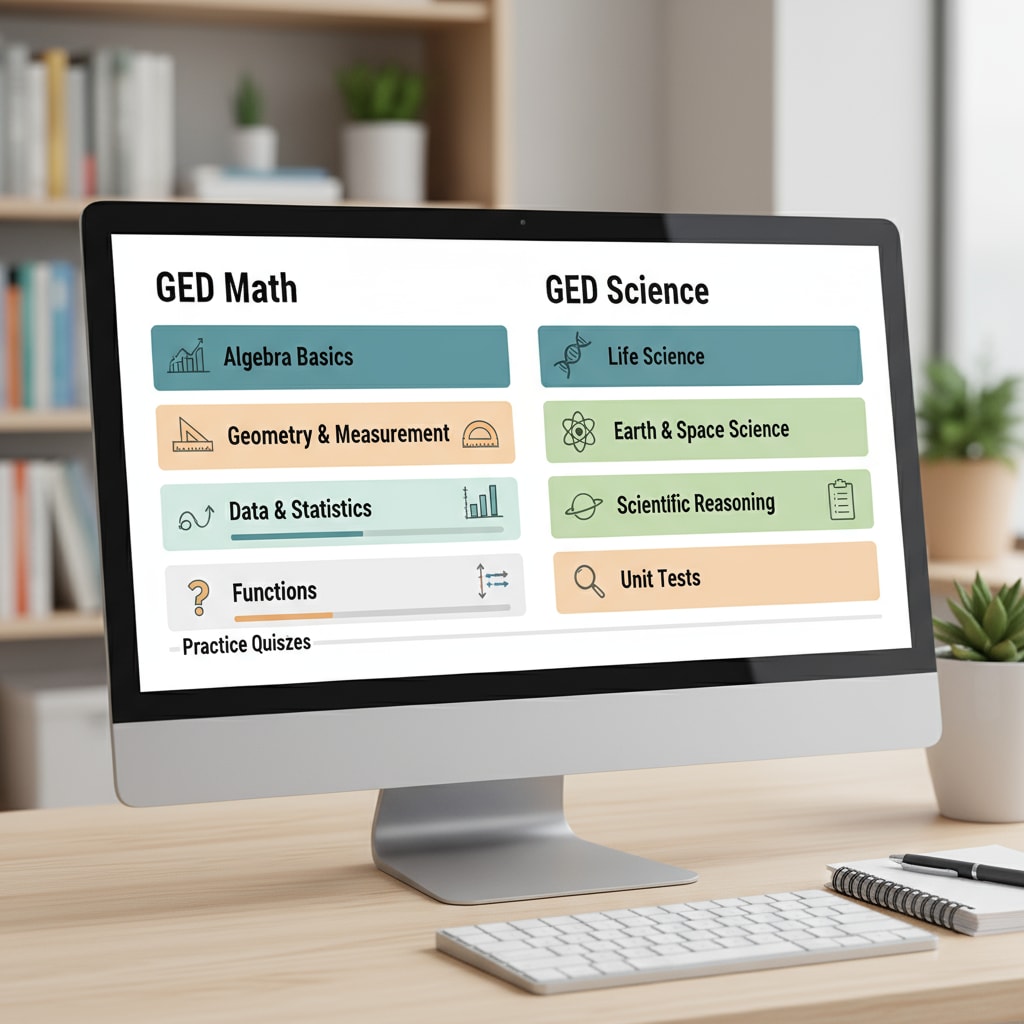 A computer monitor displaying Khan Academy's GED math and science course pages with various lessons and exercises. Khan Academy's GED math and science courses on display