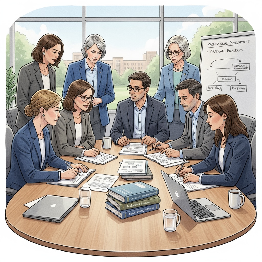 A group of K12 educators are sitting around a conference table, looking at documents and having a serious discussion about further education options. Some are taking notes, and there are laptops and books on the table. K12 educators discussing education upgrade, career choices, and continuing education