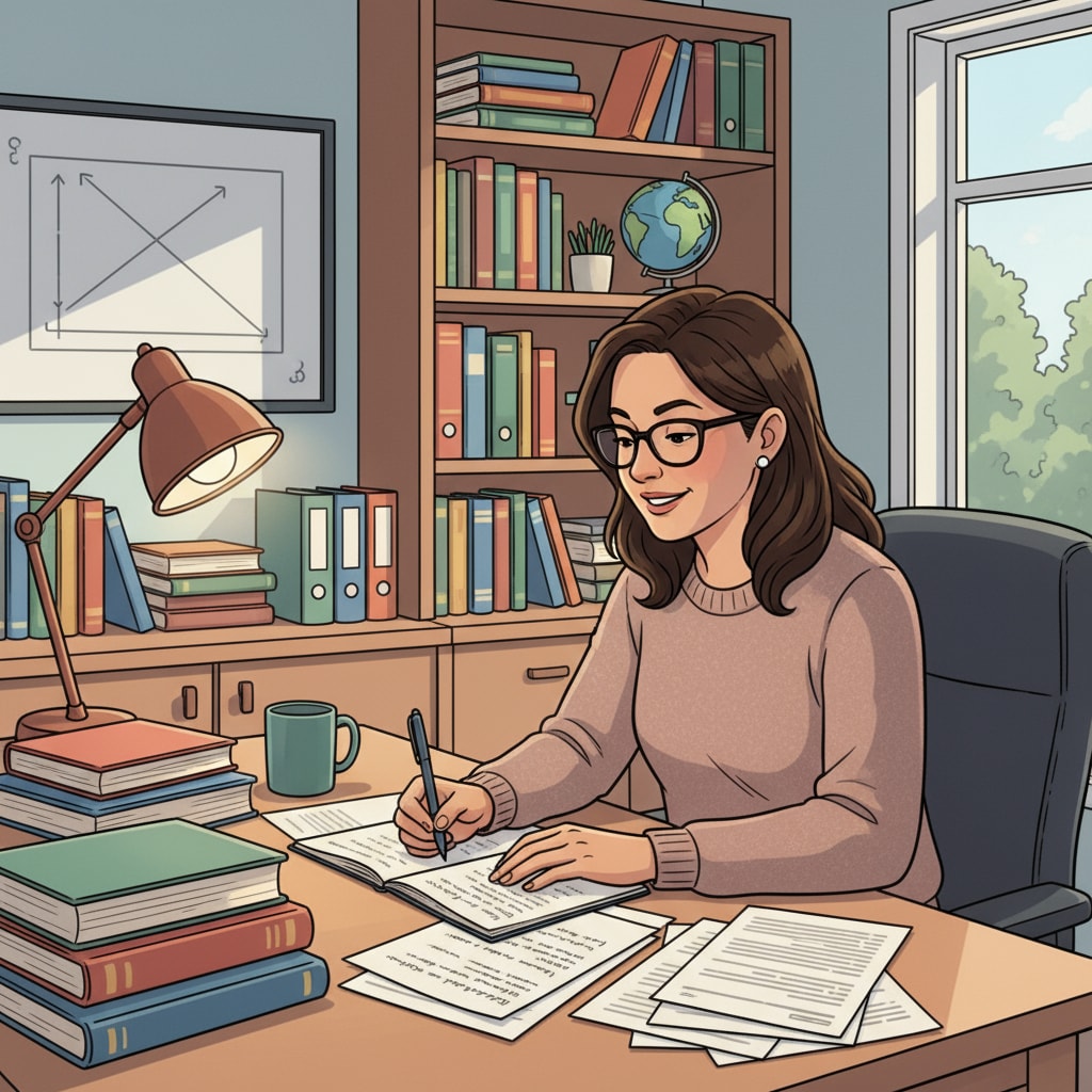 A K12 educator is sitting at a desk in a home office. There is a lamp on the desk, and the educator is surrounded by textbooks and notebooks. The educator is concentrating on studying, with a pen in hand. K12 educator investing time in continuing education for career development