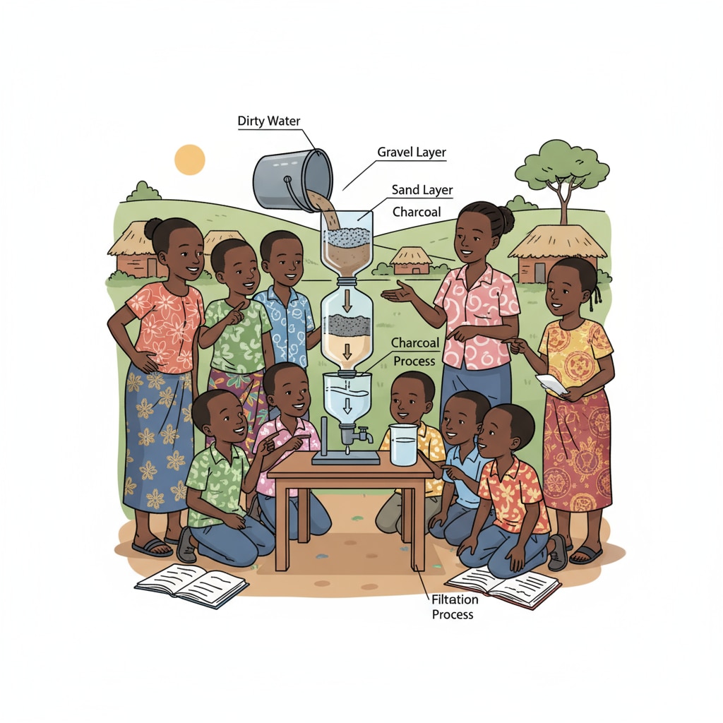 A group of Rwandan rural children are carefully observing a simple water filtration experiment set up with basic materials like plastic bottles, sand, and gravel. Rwandan rural children conducting a water filtration experiment with limited materials as part of a STEM project for water resources education