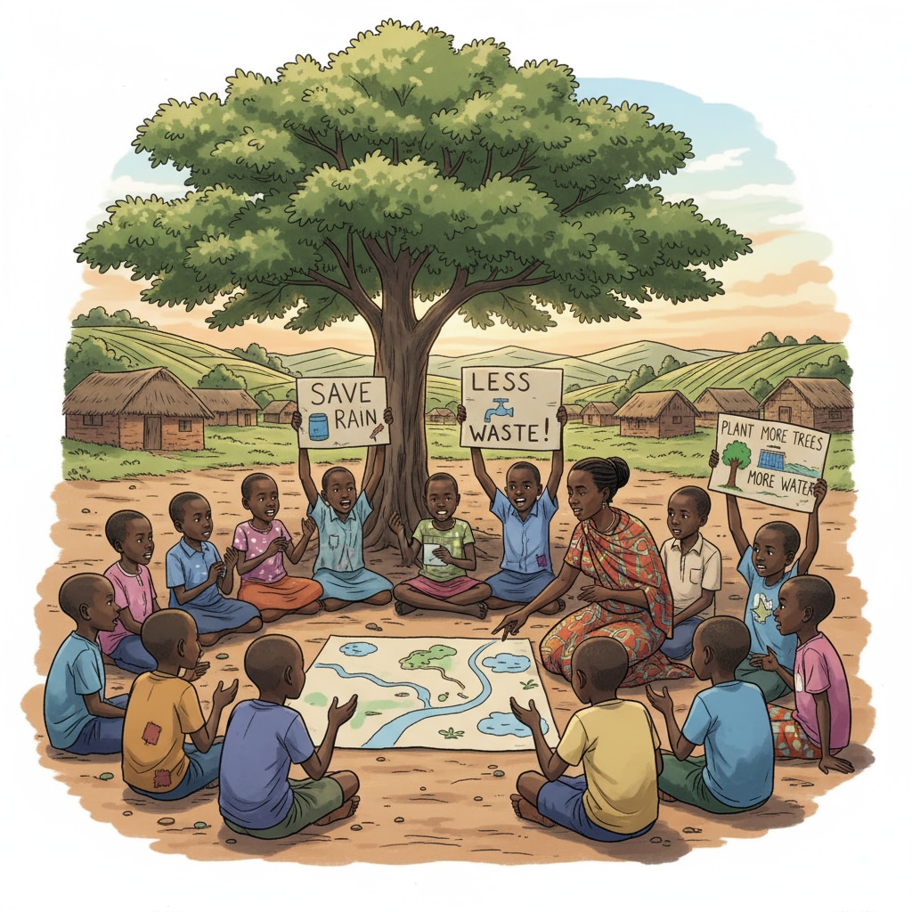 Rwandan rural children are gathered in a circle, passionately discussing various water conservation ideas, with some holding up handmade posters. Rwandan rural children discussing water conservation ideas in a STEM - based water resources education activity with limited materials