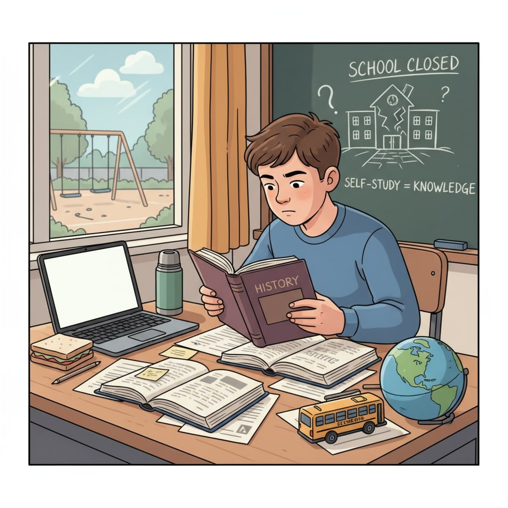 A student sitting at a desk, studying textbooks independently, representing self-study in the context of interrupted school education Self-study in interrupted school education with a focus on curriculum content
