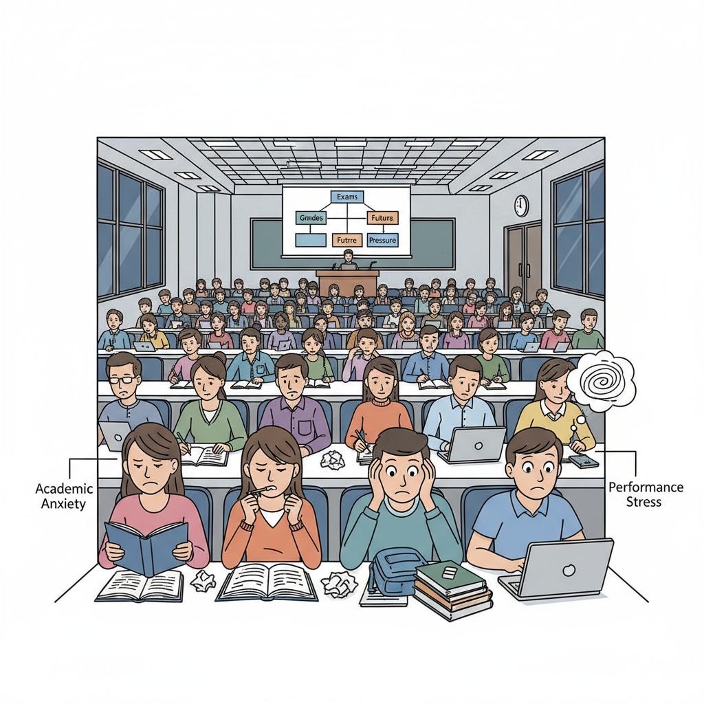 Students under academic pressure in a university lecture hall
