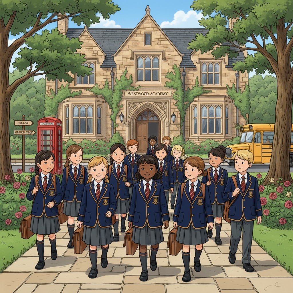 A group of children in uniforms walking into a prestigious UK private primary school, showing the environment of private primary education. Children entering a UK private primary school related to scholarships and British education