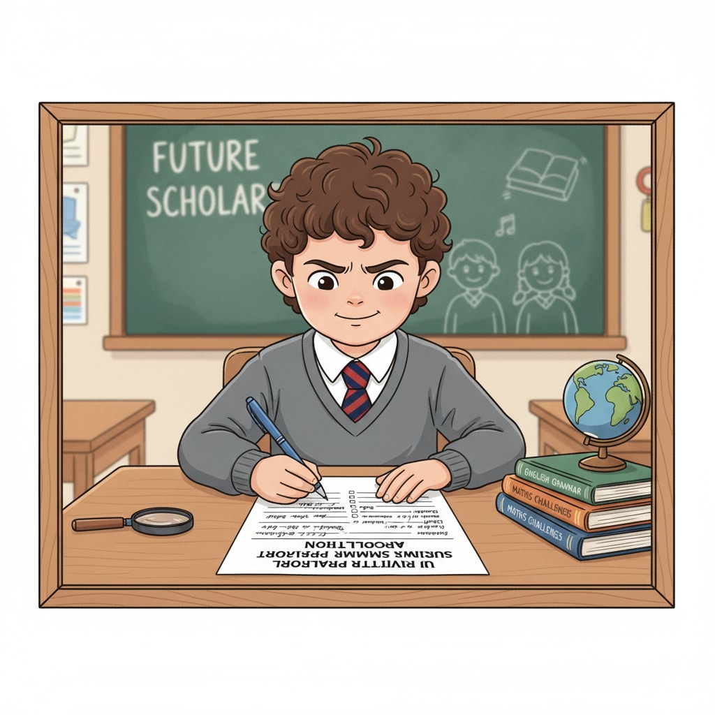 A child sitting at a desk, concentrating on a scholarship application form, depicting the process of applying for scholarships in UK private primary schools. A child applying for a scholarship in a UK private primary school