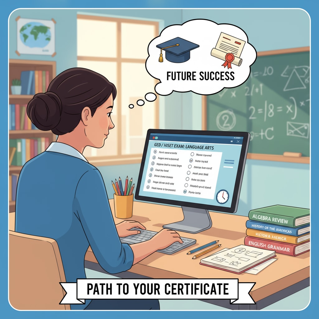 A person taking an equivalency test at a desk, emphasizing the process of obtaining GED or HiSet certificates. Person taking high school equivalency test relevant to GED and HiSet