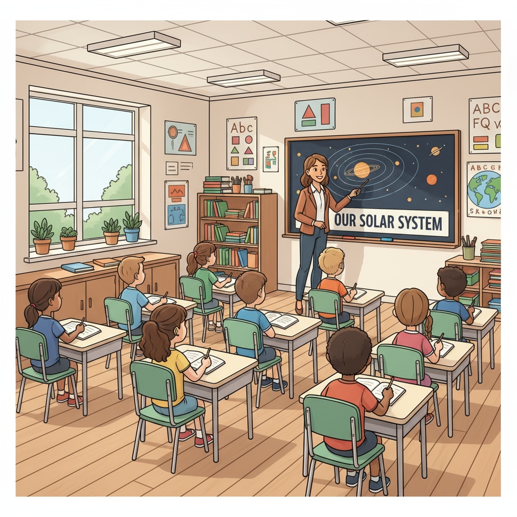 A classroom scene with students listening attentively to the teacher, which is influenced by the education accountability system. Classroom scene influenced by education policies, accountability systems, and school management