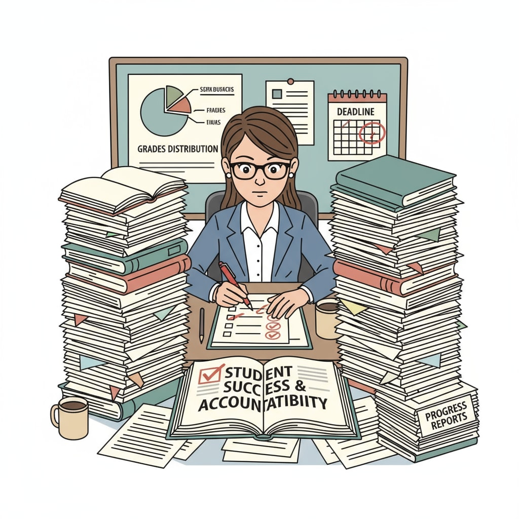 A teacher grading papers, surrounded by test papers and textbooks, showing the impact of accountability on teaching. Teacher grading papers under the influence of education policies, accountability systems, and school management