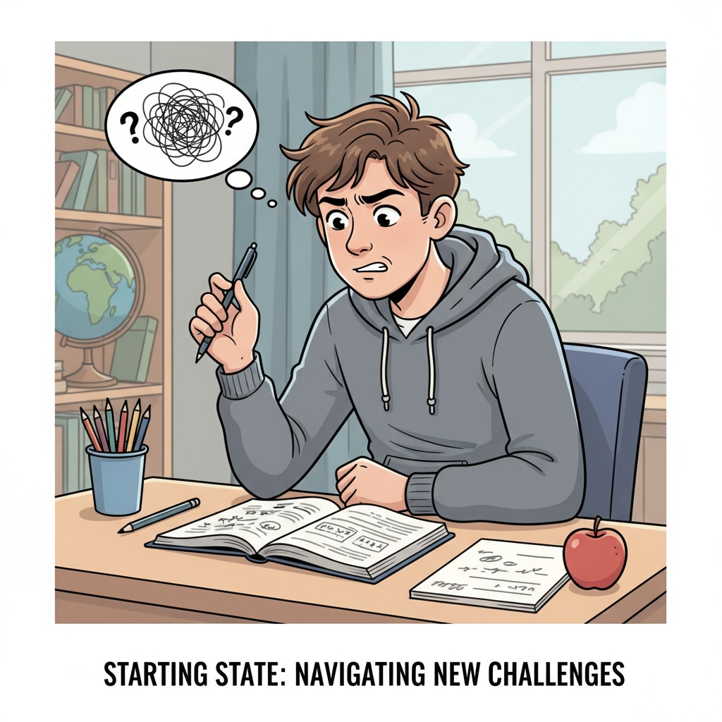 A teen sitting at a desk, looking a bit lost but determined to study. This represents the initial state of home-educated adolescents facing educational challenges. A home-educated teen determined to overcome educational backwardness, self-discipline difficulties, and ADHD.