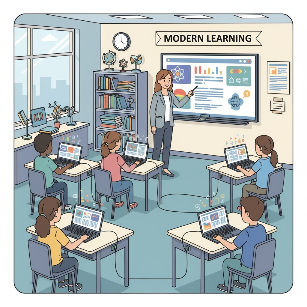 A classroom scene where students are using laptops and tablets to learn, indicating the integration of digital devices in education. Digital learning in a secondary education classroom in the post-pandemic era