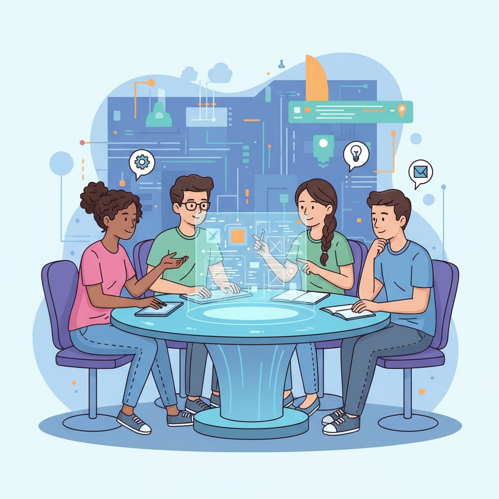 A group of students working together on a digital project, showing collaboration in the digital learning environment. Students collaborating on a digital project in secondary education post-pandemic