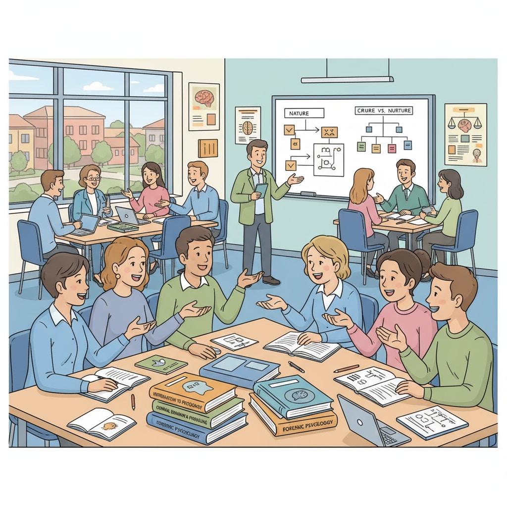 A classroom scene where students are engaged in discussions, with textbooks on psychology and criminology visible on their desks. This represents the learning environment for students pursuing dual degrees in these fields. Students studying dual degrees in psychology and criminology in a classroom