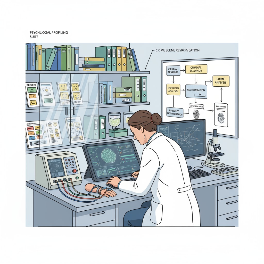 A person is working in a forensic laboratory, surrounded by equipment used for psychological and criminological research. This depicts a possible career setting for graduates of dual degrees in psychology and criminology. A person working in a forensic laboratory related to dual degrees in psychology and criminology