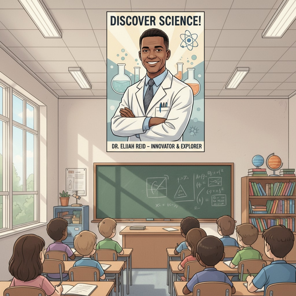 A classroom with a female scientist poster on the wall. The poster features a woman in a lab coat, looking confident. A classroom environment promoting girls in STEM through a female scientist poster.