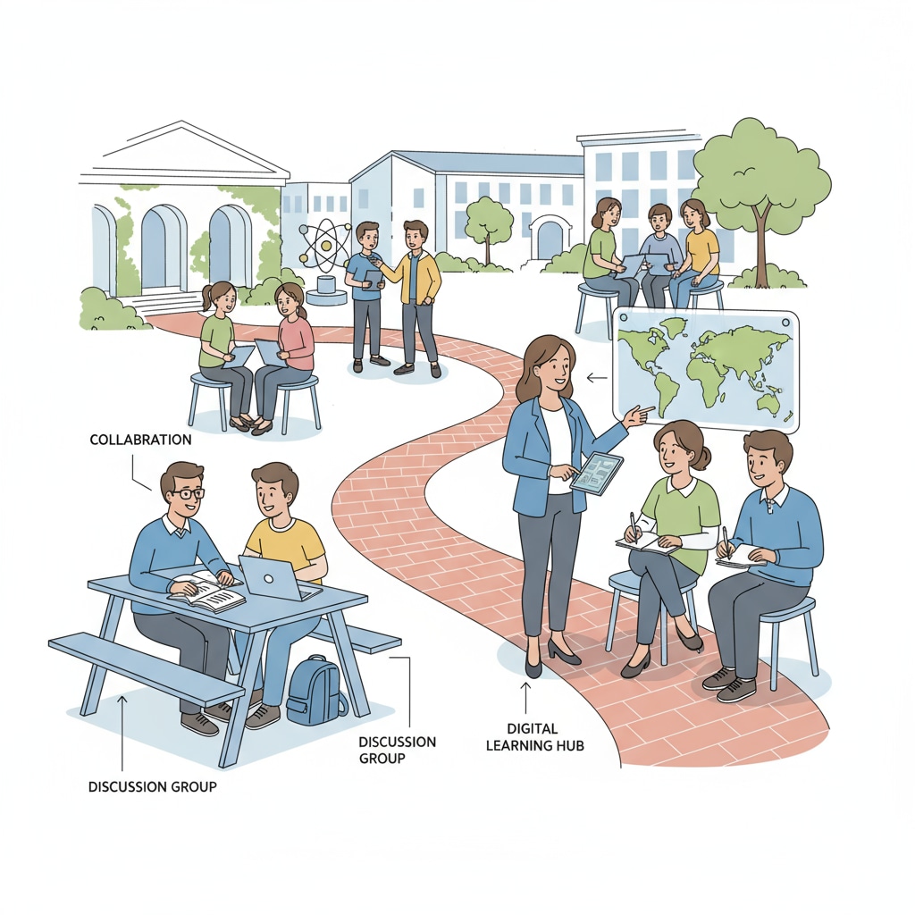 A group of educators and students interacting in a campus setting, showing a normal learning environment. Workplace relationships, kin students, and behavior management in a campus interaction