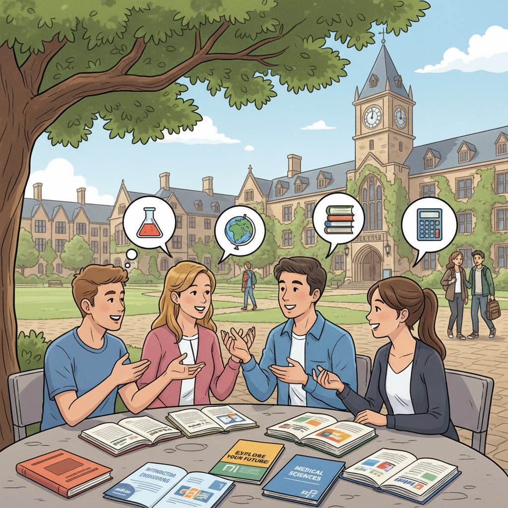 A group of students are engaged in a lively discussion about different university majors on a beautiful European university campus. There are books and brochures about various majors scattered on the table in front of them. Students discussing university majors in a European university campus related to math, programming and European education