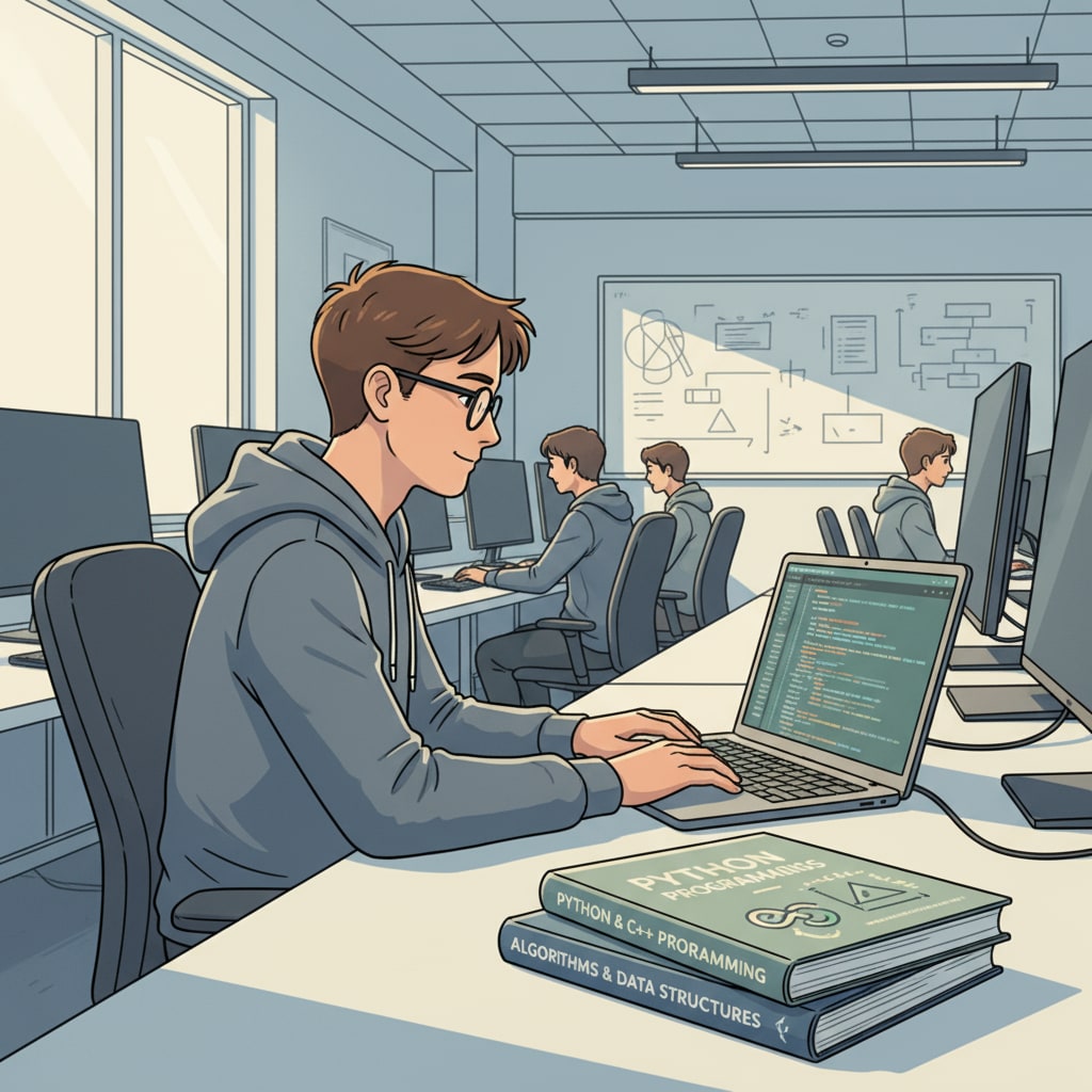 A young student is sitting in a modern computer lab in a European university, intently coding on a laptop. There are textbooks about programming languages and algorithms beside the laptop. Student coding on a laptop in a European university computer lab for majors related to math and programming