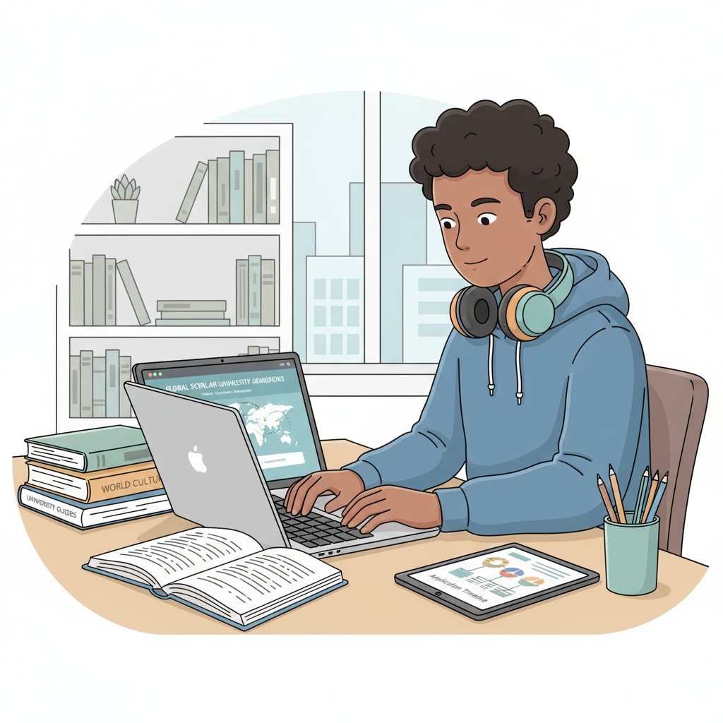 A student is sitting at a desk, concentrating on a laptop while researching international university applications. A student researching international university applications, highlighting the connection to university applications, scholarships, and extracurricular activities
