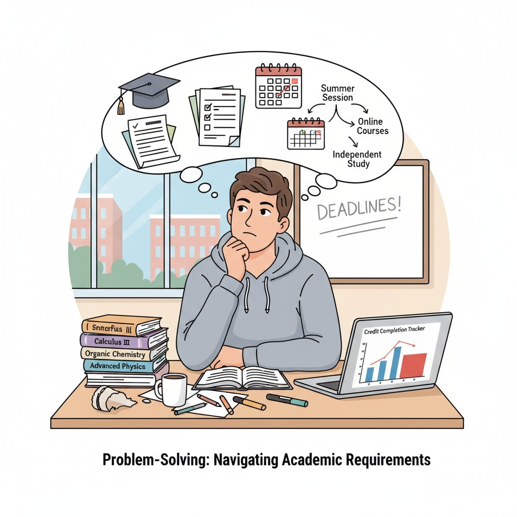 A young 22-year-old student sitting at a desk, looking at textbooks and a laptop, with a determined expression, thinking about how to complete missing credits A 22-year-old student considering credit completion options