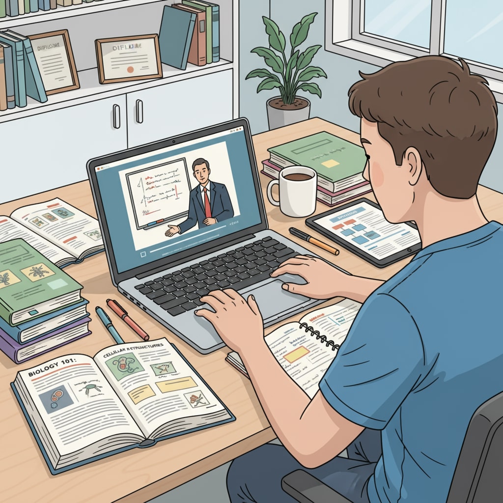 A student using a laptop to take an online course, with course materials and notes spread out on the table Student taking an online course for credit completion