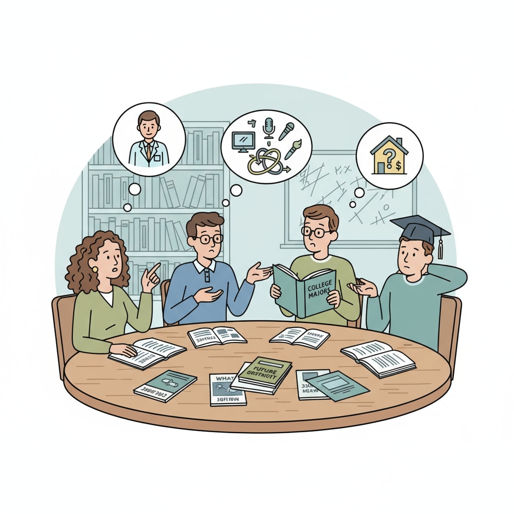 A group of high school graduates are sitting around a table, looking confused and discussing different career options. High school graduates discussing career choices in relation to employment prospects and higher education