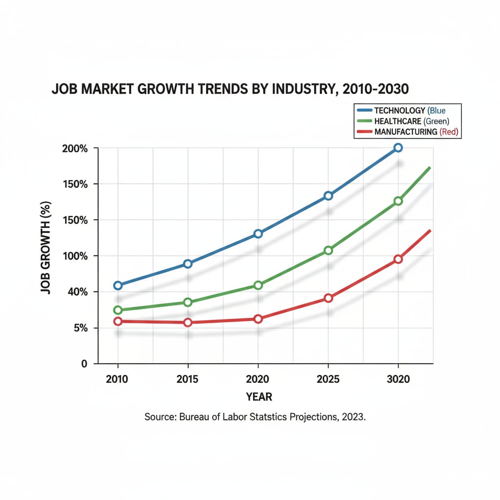 A graph displays the growth trends of various industries in the job market, including technology, healthcare, and manufacturing. Graph showing employment prospects of different industries relevant to career choices and higher education