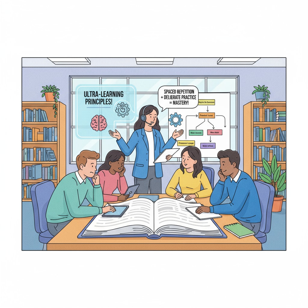 A picture of students collaborating in a study group, with one student explaining a concept while others listen attentively, all while applying Ultralearning principles. Students collaborating in a study group to enhance their learning skills through Ultralearning