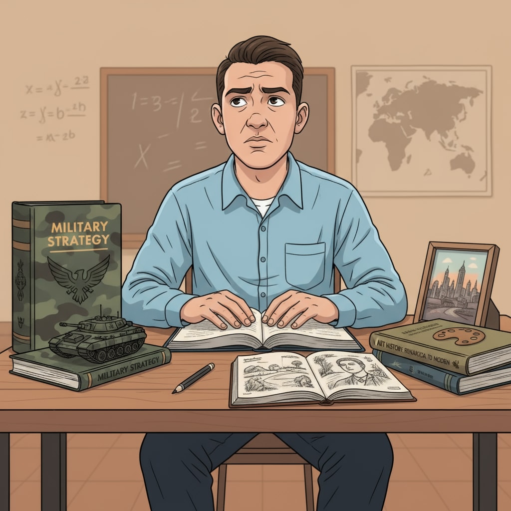A 17-year-old immigrant teen sitting at a table, looking conflicted, with books about military and art around him A 17-year-old immigrant teen facing career choice conflict between military and art