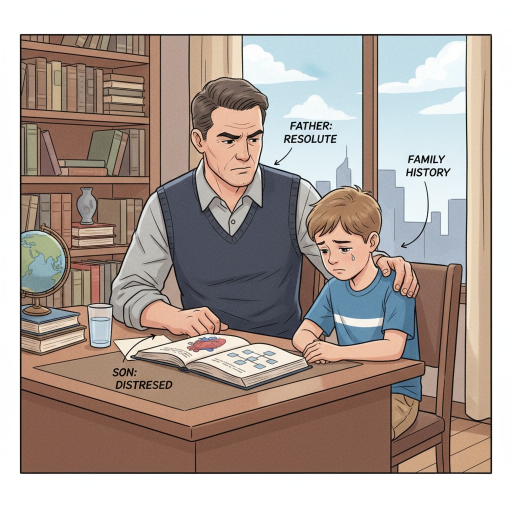 A father and son having a serious conversation, with the father looking determined and the son looking sad A father-son conflict over career choices