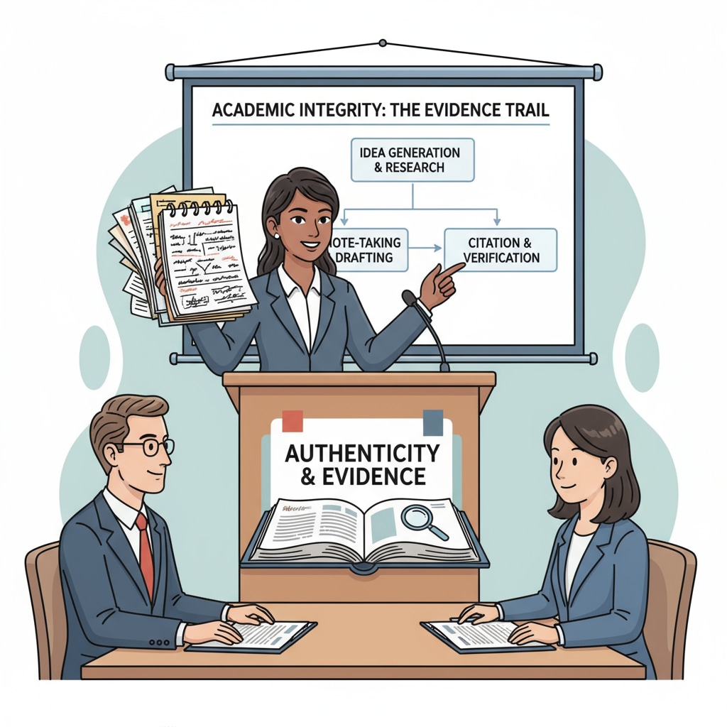 A student presenting their research notes and drafts to prove the authenticity of their paper, emphasizing the importance of providing evidence in maintaining academic integrity. Student presenting research notes and drafts to defend thesis authenticity, related to AI allegations and academic integrity